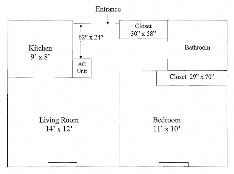 Floor plan for 1 bed, 1 bath, 525 sqft